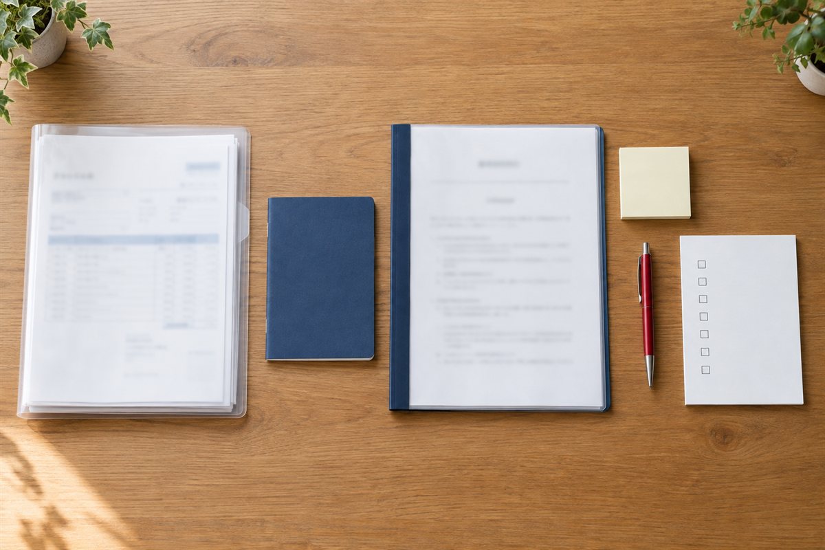 机の上に請求書のファイル、通帳のような冊子、契約書、チェック欄のメモが左から順に並んでいるイメージ
