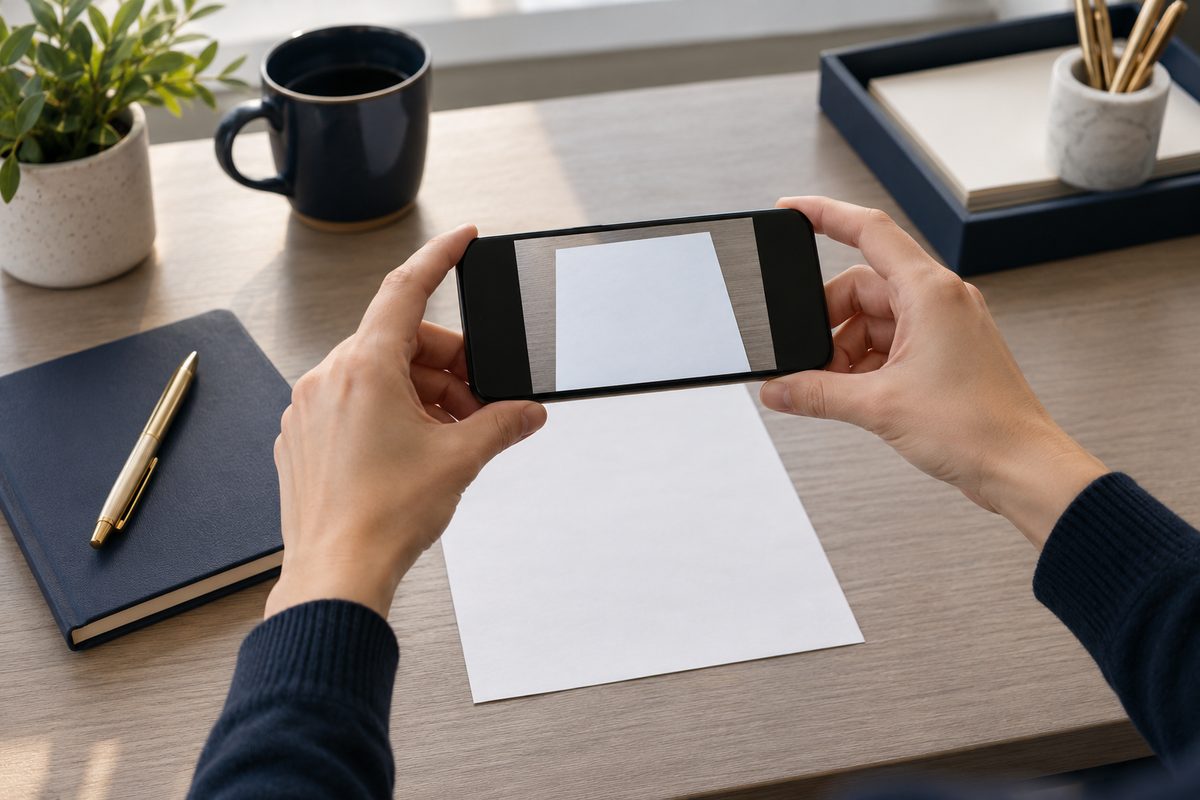 スマートフォンで書類を撮影する手元(顔は写さない)