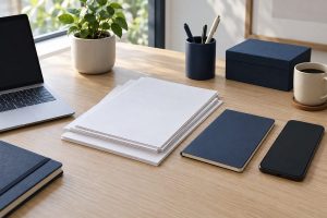 机の上に並べた請求書と通帳とスマートフォン（中身は見えない）