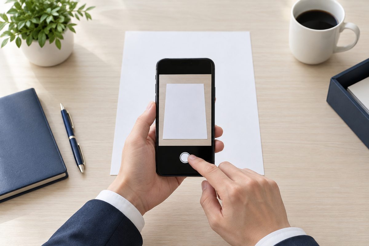 スマートフォンで書類を撮影する手元(顔は写さない)