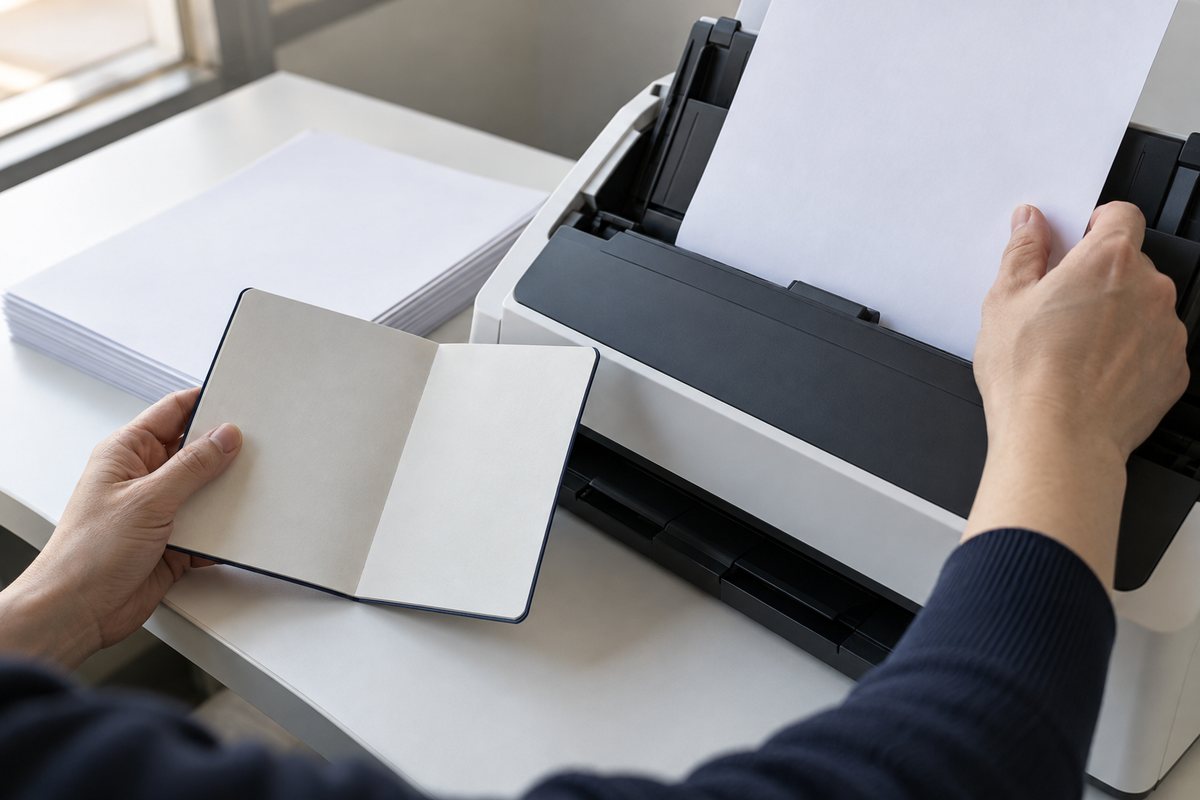 請求資料と通帳を読み取り機へ揃える手元