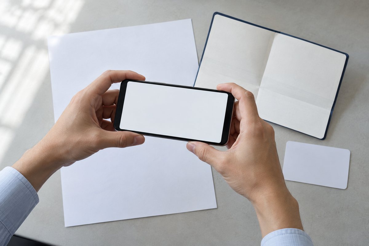 申込用の請求資料と通帳をスマホで撮る手元