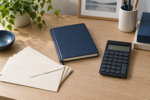 資金繰りを整理する事務机。無地の封筒と閉じたノート、キーに文字のない電卓