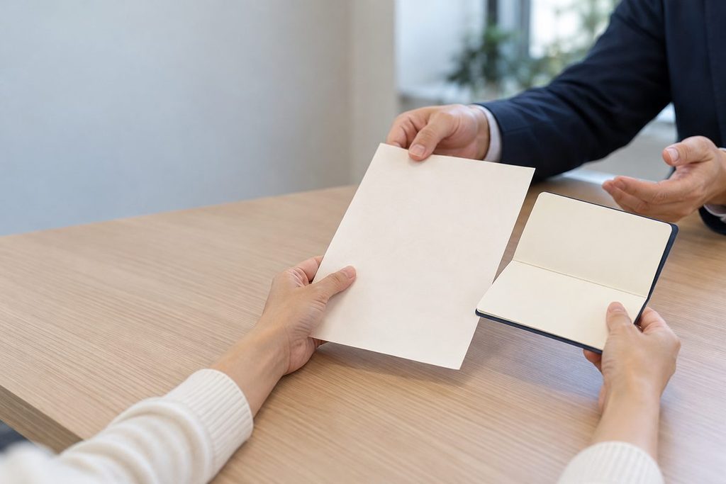 相談窓口で売掛金の請求書控えと通帳を並べ、担当者に差し出す手元