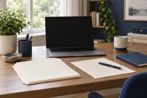 週末の自宅の作業机に置いた請求書とノートパソコン（画面は暗い）