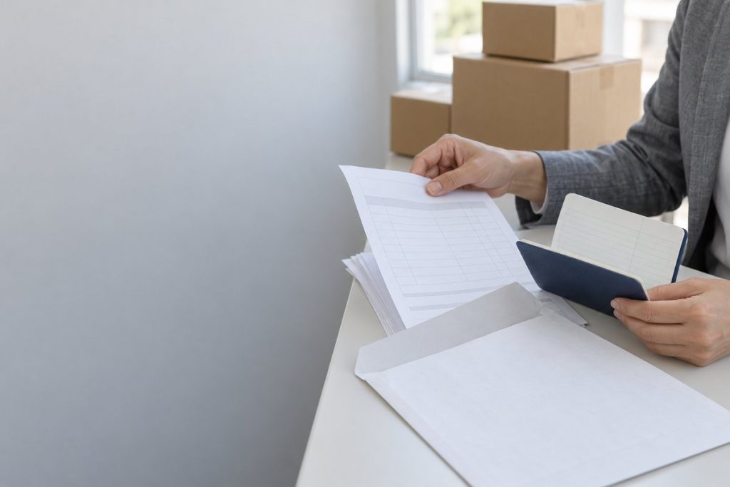 出荷後に審査提出用の資料をそろえる手元