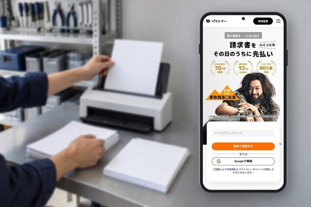 修理工房で提出用書類をスキャンする手元
